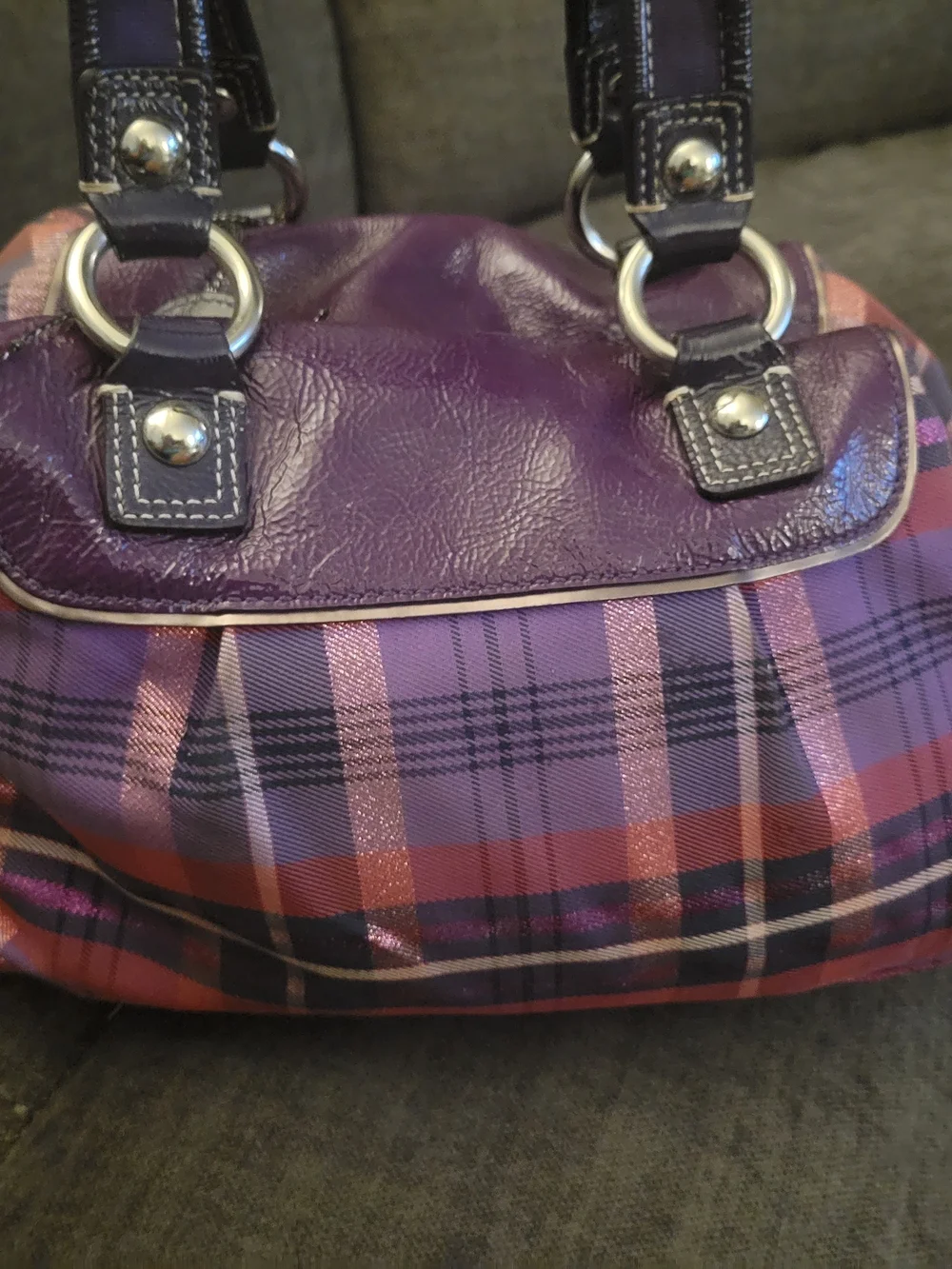 Coach Purple and Pink Plaid Satchel with Leather Trim and Silver Hardware